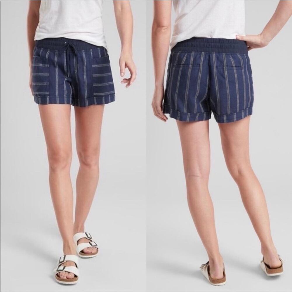 Athleta Shorts Womens 8 Navy Blue Striped Cabo Linen Athletic Casual Travel Hike